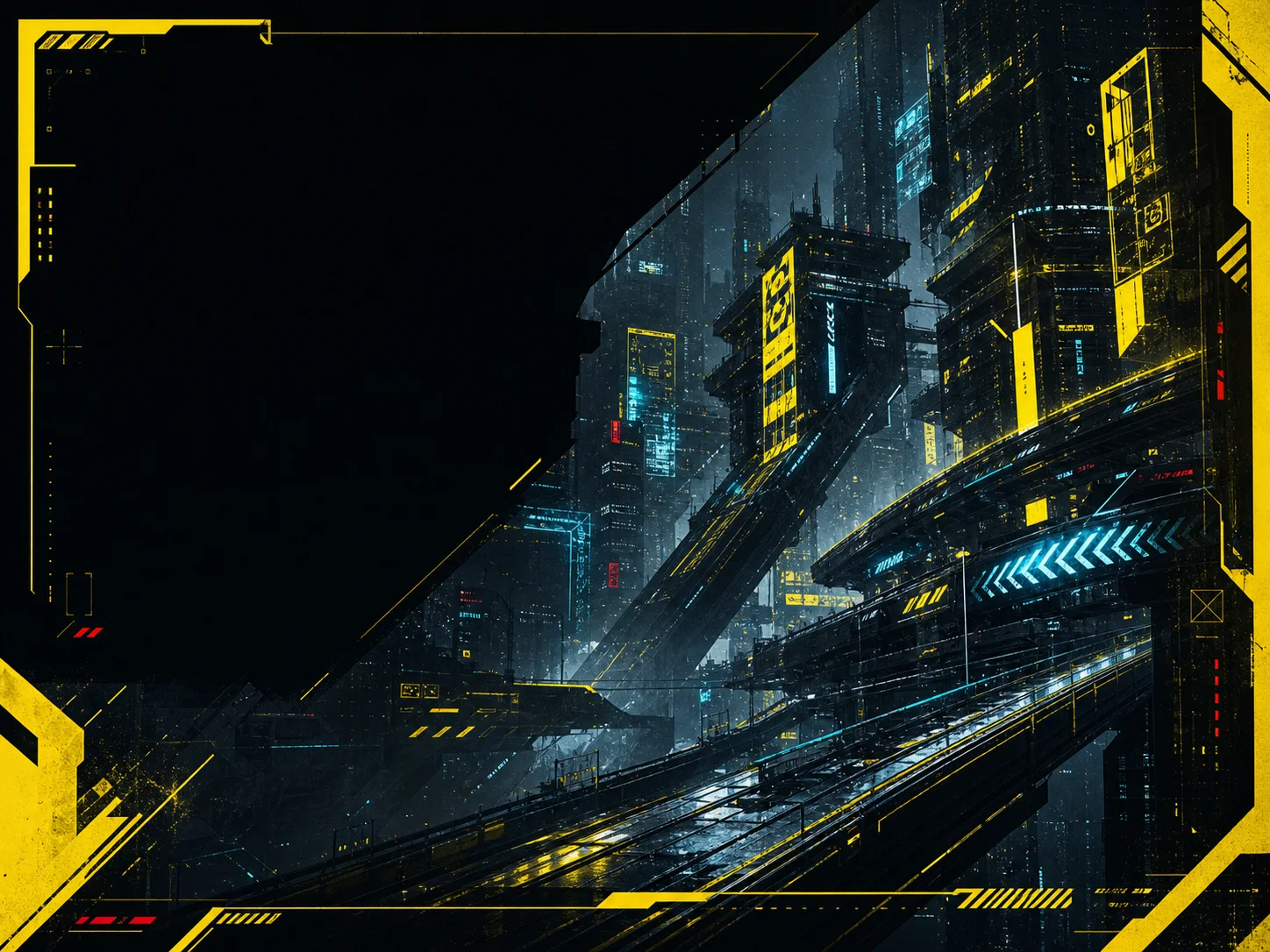 Futuristic digital city with yellow and cyan interface details